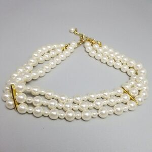 Vintage Three Strand Faux White Pearl Beaded Collar Necklace, Adjustable Clasp